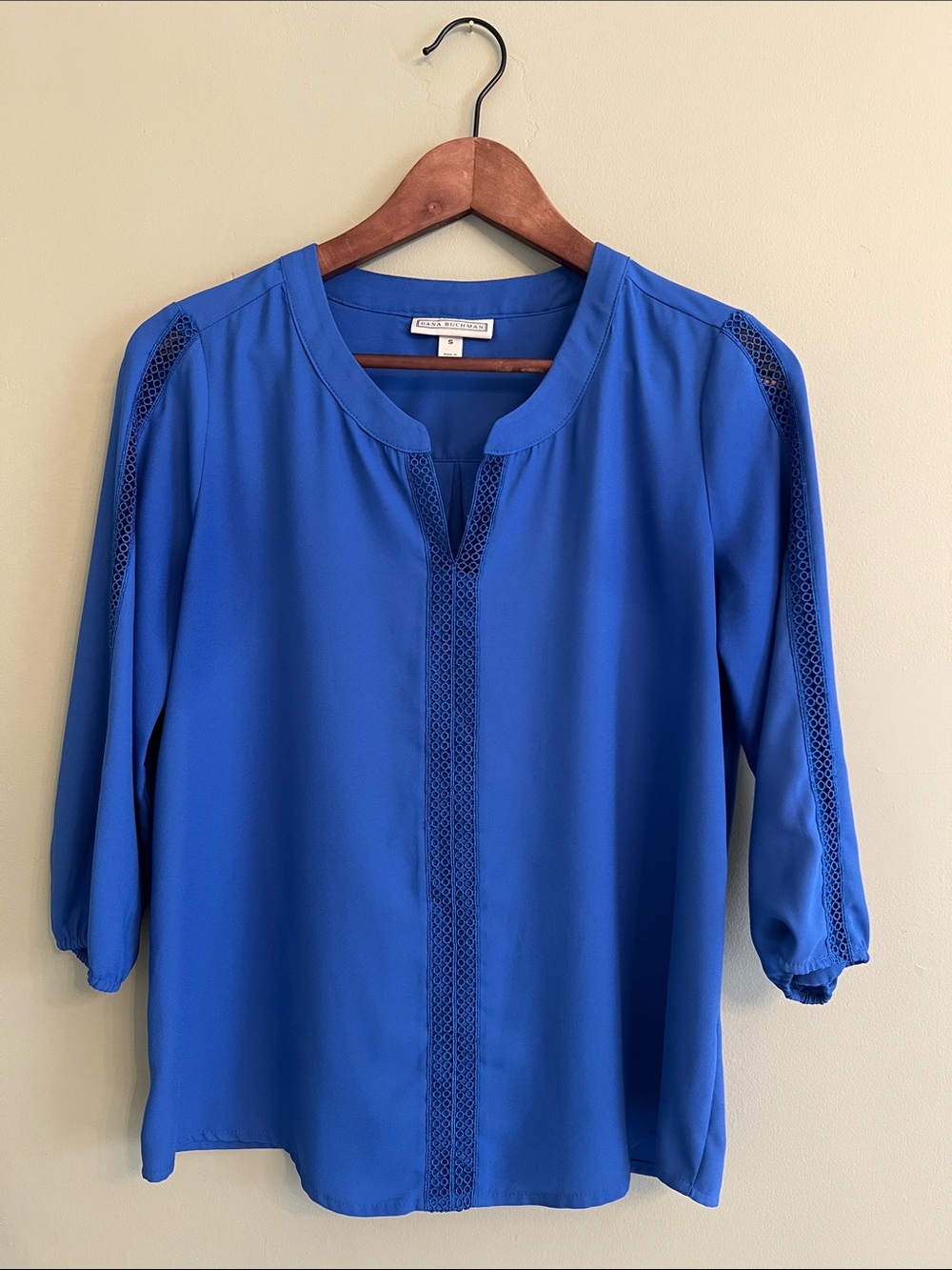 Dana Buchman Royal Blue Crochet-Trim Split-Neck Blouse